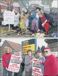  ?? PICTURES: PETER TUFFREY. ?? MARKHAM MAIN PROTEST CAMP: Above – Brenda Nixon, left with fellow protesters outside the colliery entrance. Top – Brenda, Aggie Currie, Lissy Virago, Anne Scargill, in January 1993.