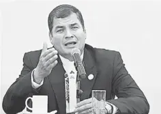  ??  ?? INVESTMENT DRIVE: Photo shows Ecuadorean President Rafael Correa addressing the media during a bilateral summit at Cuenca. Correa expects to strike a landmark mining deal with Canadian firm Kinross within six months as he tries to attract more foreign...