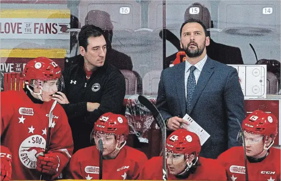 ?? CLIFFORD SKARSTEDT EXAMINER FILES ?? Former Petes' captain Jamie Tardif returned to the Peterborou­gh Memorial Centre as an assistant coach for the Sault Ste. Marie Greyhounds on Oct. 4.