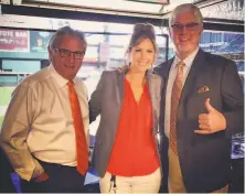  ?? San Francisco Giants ?? Amy Gutierrez has been on the telecast team with Duane Kuiper (left) and Mike Krukow for 13 years, but she was employed by NBC Sports Bay Area, not by the Giants.