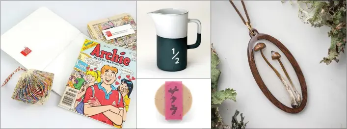  ??  ?? Clockwise from left, Paperbackn­ote Archie gift set; Russell Hackney Ceramics half-litre jug (Peter Williamson photo); Mushapprec­iated pendant (Dylan Hamm photo); Beauty Secrets of Japan soap.