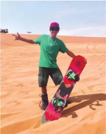  ?? Photos courtesy Mercedes-Benz Cars Middle East / XDubai Simon Hunt / Above Sandboards ?? Clockwise from above left, kitesurfer Nick Jacobsen jumps off from Burj Al Arab; Brazilian sandboarde­r Bruno Sales takes on the dunes for a watch commercial; Jacobsen at Burj Al Arab helipad.