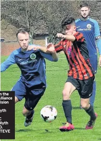  ??  ?? Action from the Northern Alliance League Division Two clash between Blyth (blue) and Prudhoe YC Seniors - Blyth winning 3-0. Pictures: STEVE MILLER