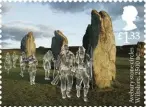  ??  ?? Top: Silbury Hill; with, below, a stamp depicting stone circle at Avebury; and Salisbury Cathedral, left