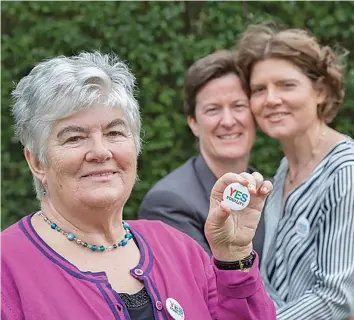  ?? (Photo courtesy GLEN) ?? Maureen Gowran (front) with her daughter Sandra Irwin-Gowran (right) and her daugther’s partner, Marion Irwin-Gowran, canvassing for marriage equality in Ireland.