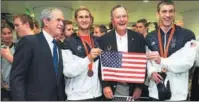  ??  ?? Clockwise from top: George H. W. Bush and his wife Barbara shop at Beijing’s Silk Market in 2008. HUO YAN / CHINA DAILY The Bushes celebrated Chinese New Year in Houston in 2016. WANG HUAN / CHINA NEWSSERVIC­E Bush and his son, George W. Bush, join swimmers Michael Phelps (right) and Larsen Jensen in 2008. MANDEL NGAN / AFP The Bushes pose in Tian’anmen Square in 1974. AFP