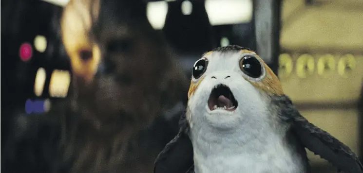  ?? PHOTOS: LUCASFILM VIA THE ASSOCIATED PRESS ?? Writer Fish Griwkowsky and his fellow Star Wars fans are hoping they’re as shocked and amazed by The Last Jedi as this Porg looks.