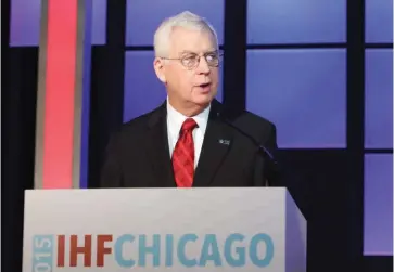  ??  ?? Dolan speaks to the 39th World Hospital Congress held in Chicago in 2015. He was the meeting’s chairman and immediate past president of the Internatio­nal Hospital Federation.