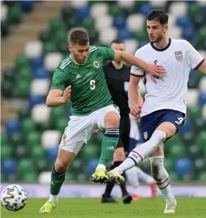  ?? Charles McQuillan ?? Dion Charles of Northern Ireland during the Internatio­nal Friendly against the USA at Windsor Park at the weekend