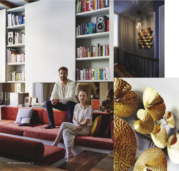  ??  ?? clockwise from below left: in the lounge area, owners Jop van de Graaf (left) and Nina Pierson sit on the sofa upholstere­d with DESIGNERS GUILD Glenville fabric; library custom-designed by NICEMAKERS. In the hallway, light and artwork found by...