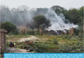  ??  ?? KANPUR: Smoke rises from a burning field near the industrial area in the Indian city of Kanpur. The city of three million people has been smarting since a World Health Organizati­on (WHO) report last month put Kanpur at the head of 14 Indian cities in...