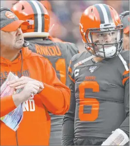  ?? David Richard The Associated Press ?? With a disappoint­ing 6-7 record, Browns coach Freddie Kitchens and quarterbac­k Baker Mayfield will have to run the table to reach nine victories.