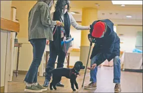  ??  ?? Kelley Dixon (right) greets R edwood, a poodle, as he trains while making the rounds at The Hebrew Home. New dog recruits are helping to expand the nursing home’s pet therapy program, giving residents and staff physical comfort while human visitors are still restricted because of the pandemic.