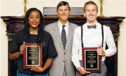  ??  ?? Paul Conn, president of Lee University, stands between the 2016-17 winners of the school’s student-athlete award named for him, volleyball player Catherine Conley and runner Brandon Raleigh.