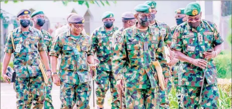  ??  ?? Chief of Army Staff, Lt.- Gen. Farouk Yahaya ( right); Chief of Defence Staff, Gen. Lucky Irabor; Chief of Naval Staff, Vice Admiral Awwal Gambo and other military officers during their arrival for a security briefing with President Muhammadu Buhari at the State House in Abuja… yesterday.