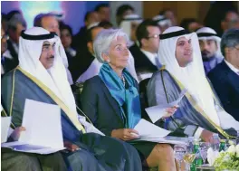  ??  ?? KUWAIT: (From left) Acting Prime Minister and Foreign Minister Sheikh Sabah Al-Khaled Al-Sabah, Director General of the Internatio­nal Monetary Fund Christine Lagarde and Governor of the Central Bank of Kuwait Dr Mohammad Al-Hashel attend the Global...