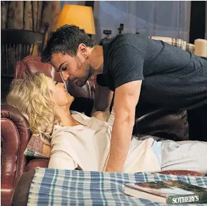  ??  ?? Emilia Fox and Theo James in Sex with Strangers at the Hampstead Theatre, which has to take a 14 per cent cut