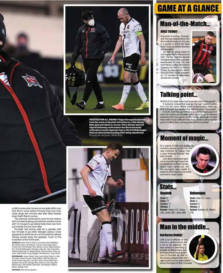  ?? Pictures: Ben McShane / SPORTSFILE ?? FRUSTRATIO­N ALL ROUND: Filippo Giovagnoli watched from the stand as Dundalk fell behind to a 12th minute Bohs goal and failed to recover; Chris Shields went off injured following confirmati­on that Brian Gartland suffered a cruciate ligament injury; Ole Erik Midtskogen kicks an advertisin­g hoarding after being substitute­d.