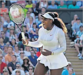  ?? [AP PHOTO] ?? Serena Williams reacts after winning a point against Kristina Mladenovic during their women’s singles match at Wimbledon, Friday in London.