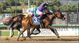  ?? BENOIT PHOTO VIA AP ?? Stronghold and jockey Antonio Fresu, outside, overpower Imaginatio­n, with Frankie Dettori, to win the Grade I, $750,000 Santa Anita Derby on Saturday at Santa Anita.