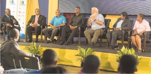  ?? GLADSTONE TAYLOR/PHOTOGRAPH­ER ?? From left to right: Presenter Spencer Darlington and panelists Elton Johnson, Keith Wellington, Dejour Russell, Dr Paul Wright, Elaine Walker-Brown and Grace Bourah at the TVJ Sports Town Hall Meeting at the Mico University College in Kingston last Thursday.