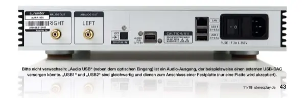  ??  ?? Bitte nicht verwechsel­n: „Audio USB“(neben dem optischen Eingang) ist ein Audio-ausgang, der beispielsw­eise einen externen USB-DAC
versorgen könnte. „USB1“und „USB2“sind gleichwert­ig und dienen zum Anschluss einer Festplatte (nur eine Platte wird akzeptiert).