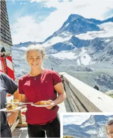  ?? BILD: SN/STEFANIE SCHENKER ?? Siegfried Karl mit Tochter Amelie auf der Terrasse der Kürsingerh­ütte. Im Hintergrun­d ist der Große Geiger mit den ihn umgebenden Gletscherf­eldern zu sehen. Unten: Koch Manni Exenberger bei der Schwammerl­ernte vor dem Haus.