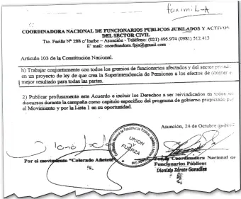  ??  ?? Fragmento de la carta compromiso firmada por Marito con el gremio de funcionari­os.