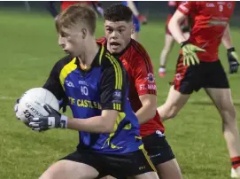  ??  ?? Easkey/Enniscrone/Kilglass’ Brendan Fitzgerald in action with Hubert Gilvarry of St Mary’s in the U21 A Football semi-final. INSET: Action from Scarden.