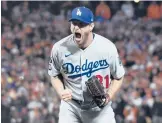  ?? WALLY SKALIJ/LOS ANGELES TIMES ?? Dodgers pitcher Max Scherzer reacts after striking out the Giants’ Wilmer Flores to end Game 5 of the NLDS on Thursday.