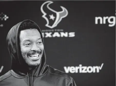  ?? Brett Coomer / Staff photograph­er ?? Demaryius Thomas quickly felt at ease after admitting to “a little nerves” entering a new locker room for the first time in his career.