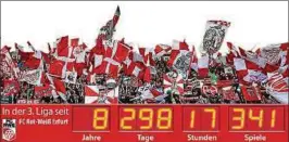  ??  ?? Das wäre die Erfurter Stadionuhr: Rot-Weiß ist der einzige Club, der seit dem Eröffnungs­spiel der . Liga am . Juli  noch dieser Spielklass­e angehört. Montage: Peter Billeb