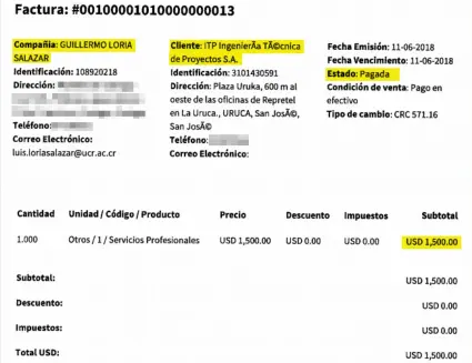  ?? ​ ?? La Oficina de Contralorí­a Universita­ria, de UCR, emitió un informe en 2019 que atribuye esta factura a Luis Guillermo Loría (izq.) “por servicios profesiona­les” a Ingeniería Técnica de Proyectos (ITP).