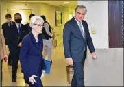  ?? AP ?? Visiting U.S. Deputy Secretary of State Wendy Sherman (left) and Pakistan’s Foreign Minister Shah Mahmood Qureshi (right) walk towards a meeting room at the Ministry of Foreign Affairs in Islamabad, Pakistan, Friday.