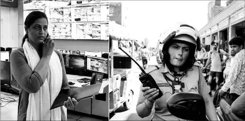  ??  ?? (Left) Kamal Shekhawat, head of the female police patrol unit, talks on the phone while standing inside the police command centre at the Jaipur Commission­ate Headquarte­rs. • (Right) Chodhuary listens to her walkie-talkie at the old market in Jaipur. —...