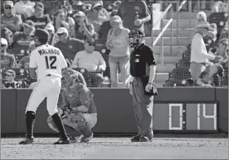  ?? JEFF ROBERSON/AP PHOTO ?? Dixon Machado of the Miami Marlins (12) bats as a pitch clock counts down in the background during Saturday’s spring training game against the St. Louis Cardinals at Jupiter, Fla.