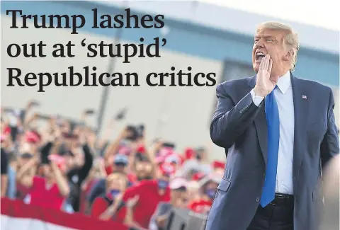  ?? AFP ?? US President Donald Trump speaks to supporters as he makes his way off stage at the end of a rally at Carson City Airport in Carson City, Nevada on Sunday.