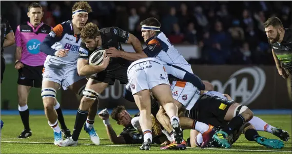  ??  ?? Glasgow co-captain Callum Gibbins attempts to battle through the Edinburgh ranks in another disappoint­ing defeat for the Warriors