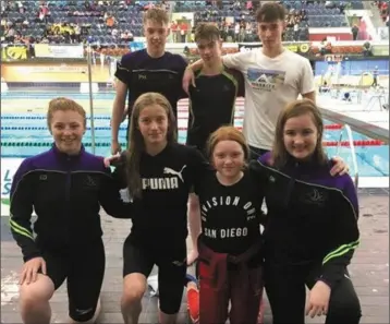  ??  ?? Some of the Dundalk swimmers who competed at the recent Leinster Short Course Championsh­ips, back row, Patrick Harmon, Eoin Harmon, Donal Carty; front, Evelyn Donnelly, Eliza Logan, Bronagh Harmon and Sadhbh Mullen.