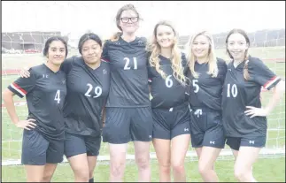  ?? RICK PECK/SPECIAL TO MCDONALD COUNTY PRESS ?? Senior members of the 2021 McDonald County High School girls’ soccer team. From left to right: Yocellin Quintero, Margaritha Alejo, Madison Alverson, Faith Leach, Kaitlyn Cosgrove and Anna Mead.