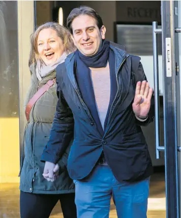  ??  ?? Rebecca Steinfeld and Charles Keidan, celebratin­g handing in a notice for a civil partnershi­p, say they may have to return to court