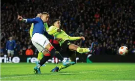  ?? ?? James Tavernier makes it 2-2 with his second goal of the second leg. Photograph: Bruce White/Colorsport/Shuttersto­ck