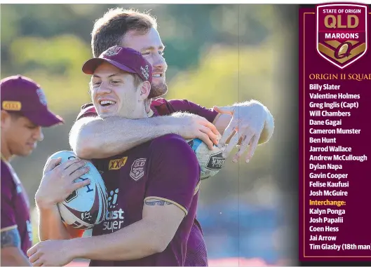  ??  ?? WELCOME ABOARD: Kalyn Ponga shares a laugh with Gavin Cooper during Queensland State of Origin training at Sanctuary Cove on the Gold Coast.