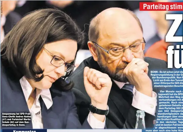  ??  ?? Anspannung bei SPD-Fraktions-Chefin Andrea Nahles (47) und Parteichef Martin Schulz (62) auf dem Bundespart­eitag in Bonn.