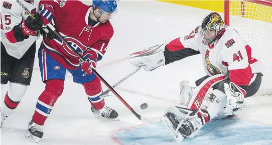  ?? GRAHAM HUGHES ?? Sens goalie Craig Anderson comes up big against Montreal’s Tomas Plekanec during Saturday’s game in Montreal. The Canadiens won 3-1.