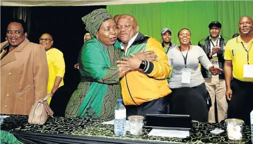  ?? Picture: Jackie Clausen ?? A jubilant Nkosazana Dlamini-Zuma is greeted by Sihle Zikalala at the KwaZulu-Natal ANC’s PGC after she was nominated as its presidenti­al candidate.