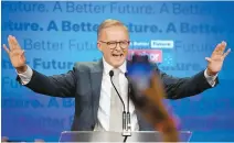  ?? AP-Yonhap ?? Labor Party leader Anthony Albanese speaks to supporters at a Labor Party event in Sydney, Australia, Sunday, after Prime Minister Scott Morrison conceded defeat to Albanese in a federal election.