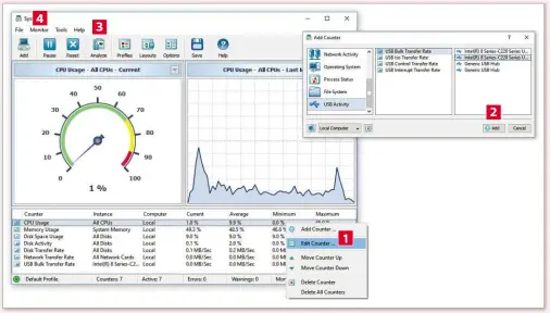  ??  ?? 4 3 The default counter displays CPU Usage (how hard your processor is working). Click the entries under Counter to see Memory Usage, Network Transfer Rate and more. To add one or more of dozens of counters to the list, click Add then click through the...