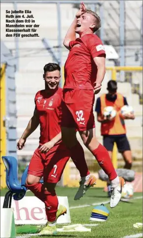  ??  ?? So jubelte Elia Huth am 4. Juli. Nach dem 0:0 in Mannheim war der Klassenerh­alt für den FSV geschafft.