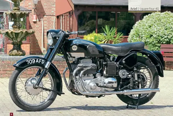  ??  ?? 1: Headlamp nacelle was a 1950s fad, and common across all Ariel’s ‘big’ motorcycle­s.
2: The rear suspension was named after its designer, Frank Anstey.
3: All aluminium ‘four piper’ was
introduced in 1953, as the Mk.II
Square Four.
4: This machine’s originalit­y is borne out by its oil cap.
5: One of the few ‘different’ options
offered by the British industry, the Square Four enjoyed a surprising­ly long production run.
6: Sammy Miller joined Ariel in 1957, to ride trials, though he always liked the Square Four. 5